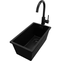 PrimaGran Granitspüle Alles Schwarz 26x47cm, Spülbecken 1 Becken + Küchenarmatur 32x20cm + Ablauf-Set, Küchenspüle ab 30er Unterschrank - London Slim