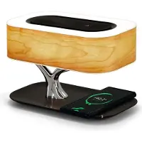 Slyrun LED Nachttischlampe mit Bluetooth Lautsprecher & kabellosem Ladegerät, stufenlos dimmbar, Schlafmodus, Holzfurnier Tischlampe für Schlafzimmer & Büro