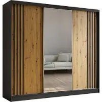 ALTDECOR Kleiderschrank mit Spiegel und Schiebetüren, kugelgelagerte Führungsschienen und Aluminium-Leisten - NALLA - 240 cm (Schwarz + Artisan + Schwarz)