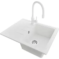PrimaGran Granitspüle Weiß 62x50cm, Spülbecken 1 Becken + Küchenarmatur 38x14cm + Ablauf-Set, Küchenspüle ab 40er Unterschrank - Mailand
