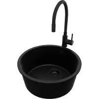 PrimaGran Granitspüle Alles Schwarz 46x46cm, Spülbecken Rund 1 Becken + Küchenarmatur 40x38cm + Ablauf-Set, Küchenspüle ab 50er Unterschrank - Valletta Slim