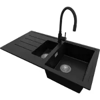 PrimaGran Granitspüle Schwarz 90x50cm, Spülbecken 1,5 Becken + Küchenarmatur 40x38cm + Ablauf-Set, Küchenspüle ab 60er Unterschrank - Kopenhagen Duo