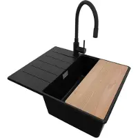 PrimaGran Granitspüle Schwarz 62x50cm, Spülbecken 1 Becken + Küchenarmatur 40x38cm + Ablauf-Set + Schneidebrett, Küchenspüle ab 45er Unterschrank - Kopenhagen