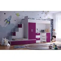 EURO-MEBLE Etagenbett FELIX 5, Hochglanz Kinderbett, Hochbett, OHNE Matratze und Lattenrost (Weiß + Violett ,Glanz)