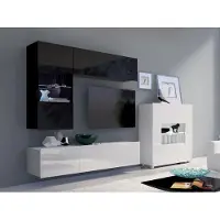 EURO-MEBLE Wohnzimmer-Set CALABRINI-3 Wohnwand Hängewohnwand Schrankwand mit LED-Beleuchtung TV-Schrank Vitrine Kommode Anbauwand Hochglanz (Schwarz / Weiß)