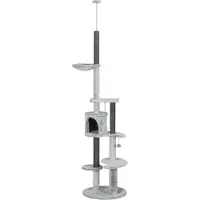 Welikera Kratzbaum mit Deckenspanner, Hängematte, Haus, Plattformen, Spielball, 225-255cm, Grau