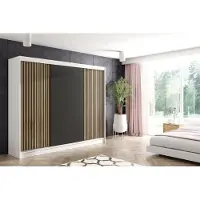 ALTDECOR Kleiderschrank mit Lamel-Schiebetüren, kugelgelagerte Führungsschienen und Aluminium-Leisten - VILO - 250 cm - Weiß/Lamelle Eiche Wotan