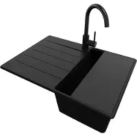 PrimaGran Granitspüle Alles Schwarz 70x50cm, Spülbecken 1 Becken + Ablauf-Set + Küchenzubehörset, Küchenspüle ab 40er Unterschrank - Kopenhagen