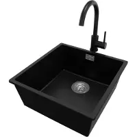 PrimaGran Unterbauspüle Granit Schwarz 46x47cm, Spülbecken 1 Becken + Küchenarmatur 32x20cm + Ablauf-Set, Granitspüle ab 50er Unterschrank - London