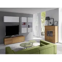 EURO-MEBLE Wohnzimmer-Set CALABRINI-6 Wohnwand Hängewohnwand Schrankwand mit LED-Beleuchtung TV-Schrank Vitrine Kommode Anbauwand Hochglanz (Weiß + Eiche Gold)