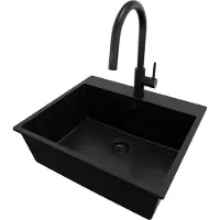 PrimaGran Granitspüle Alles Schwarz 58x50cm, Spülbecken 1 Becken + Küchenarmatur 40x20cm + Ablauf-Set, Küchenspüle ab 60er Unterschrank - Riga
