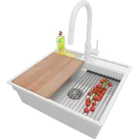 PrimaGran Granitspüle Weiß 58x53cm, Spülbecken 1 Becken + Küchenarmatur 40x20cm + Ablauf-Set + Küchenzubehörset, Küchenspüle ab 60er Unterschrank - Oslo Pocket