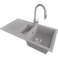 PrimaGran Granitspüle Grau 90x50cm, Spülbecken 1,5 Becken + Küchenarmatur 40x20cm + Ablauf-Set, Küchenspüle ab 60er Unterschrank - Kopenhagen Duo