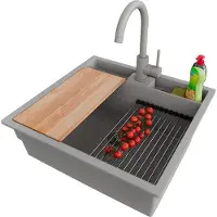 PrimaGran Unterbauspüle Granit Grau 56x54cm, Spülbecken 1 Becken + Ablauf-Set + Küchenzubehörset, Granitspüle ab 60er Unterschrank - Bergen Pocket
