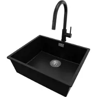 PrimaGran Unterbauspüle Granit Schwarz 56x47cm, Spülbecken 1 Becken + Küchenarmatur 40x20cm + Ablauf-Set, Granitspüle ab 60er Unterschrank - London