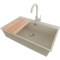 PrimaGran Granitspüle Beige 78x50cm, Spülbecken 1 Becken + Küchenarmatur 32x20cm + Ablauf-Set + Schneidebrett, Küchenspüle ab 80er Unterschrank - Oslo
