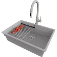 PrimaGran Granitspüle Grau 66x47cm, Spülbecken 1 Becken + Küchenarmatur 40x20cm + Ablauf-Set + Küchenzubehörset, Küchenspüle ab 70er Unterschrank - Praga Slim