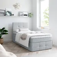 EURO-MEBLE Boxspringbett, Kinderbett MERA PREMIUM MINI 90x200cm + Topper T25 mit Bettkasten, Einzelbett, Stauraum, Jugendbett (Hellgrau - AURA 15)