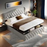 ProximaX Graues Samtbett 160x200 cm mit Ziernieten und Wellenmuster, Doppelbett mit Lattenrost und Stauraum