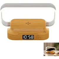 Slyrun Schlafzimmer Nachttischlampe, dimmbares Nachtlicht, Touch Lampe, mit Uhr & Wireless Charger, stufenlos dimmbar