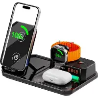 Slyrun Multifunktionaler 6-in-1 Qi Wireless Charger – Bluetooth Lautsprecher, LED Display, Handy & Smartwatch Ladestation, Tischdeko