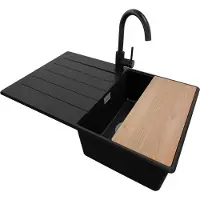 PrimaGran Granitspüle Schwarz 78x50cm, Spülbecken 1 Becken + Küchenarmatur 32x20cm + Ablauf-Set + Schneidebrett, Küchenspüle ab 45er Unterschrank - Kopenhagen