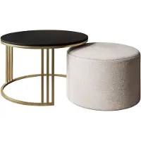 Lookway Couchtisch mit Hocker LORI MAT gebürstetes Gold/schwarz matt, Perfect Harmony 01