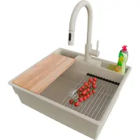 PrimaGran Granitspüle Beige 58x53cm, Spülbecken 1 Becken + Küchenarmatur 40x20cm + Ablauf-Set + Küchenzubehörset, Küchenspüle ab 60er Unterschrank - New York