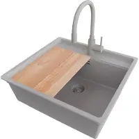 PrimaGran Granitspüle Grau 56x53cm, Spülbecken 1 Becken + Küchenarmatur 38x14cm + Ablauf-Set + Schneidebrett, Küchenspüle ab 60er Unterschrank - Bergen