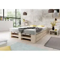 Lermowood Palettenbett M2 140 x 200 cm mit 2 Bettkästen Natur, Erhöhte Komforthöhe 40 cm, Massivholz