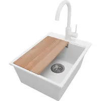 PrimaGran Granitspüle Weiß 38x50cm, Spülbecken 1 Becken + Küchenarmatur 32x20cm + Ablauf-Set + Schneidebrett, Küchenspüle ab 40er Unterschrank - Oslo
