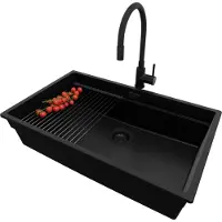 PrimaGran Unterbauspüle Granit Alles Schwarz 76x47cm, Spülbecken 1 Becken + Ablauf-Set + Küchenzubehörset, Granitspüle ab 80er Unterschrank - Praga