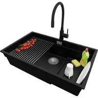 PrimaGran Granitspüle Schwarz 76x47cm, Spülbecken 1 Becken + Ablauf-Set + Küchenzubehörset, Küchenspüle ab 80er Unterschrank - Praga Slim