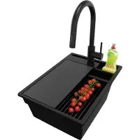 PrimaGran Granitspüle Alles Schwarz 38x53cm, Spülbecken 1 Becken + Ablauf-Set + Küchenzubehörset, Küchenspüle ab 40er Unterschrank - Oslo Pocket