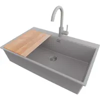 PrimaGran Granitspüle Grau 78x50cm, Spülbecken 1 Becken + Küchenarmatur 32x20cm + Ablauf-Set + Schneidebrett, Küchenspüle ab 80er Unterschrank - Oslo