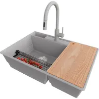 PrimaGran Granitspüle Grau 78x53cm, Spülbecken 2 Becken + Küchenarmatur 40x20cm + Ablauf-Set + Küchenzubehörset, Küchenspüle ab 80er Unterschrank - Paris