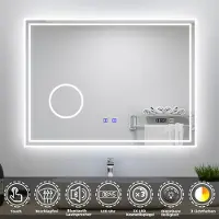 Aica Sanitär GmbH AICA LED Badspiegel 80x60cm mit Uhr Bluetooth Beschlagfrei 3-Fach Vergrößerung Schminkspiegel Badezimmerspiegel 3 Lichtfarbe 3000K/4500K/6000K IP44