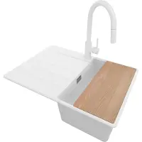 PrimaGran Granitspüle Weiß 70x50cm, Spülbecken 1 Becken + Küchenarmatur 40x20cm + Ablauf-Set + Schneidebrett, Küchenspüle ab 40er Unterschrank - Kopenhagen