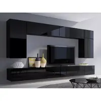 EURO-MEBLE Wohnwand CALABRINI-13 Hängewohnwand Set, 6-teilig, Weiß Hochglanz Modern, PVC-Furnier Spanplatte, grifflos, TV-Schränke (Schwarz Hochglanz)