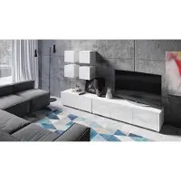 EURO-MEBLE Wohnwand CALABRINI-18 Wohnzimmer-Set Hängewohnwand Schrankwand Schrank TV-Schrank Moderne Anbauwand Hochglanz (Weiß)
