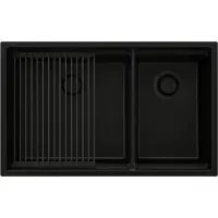 PrimaGran Spülbecken Alles Schwarz 76x47cm, Granitspüle 2 Becken + Ablauf-Set + Aufrollbare Abtropffläche, Küchenspüle ab 80er Unterschrank - Praga Slim Duo