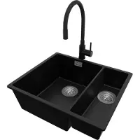 PrimaGran Granitspüle Schwarz 56x47cm, Spülbecken 1,5 Becken + Küchenarmatur 40x38cm + Ablauf-Set, Küchenspüle ab 60er Unterschrank - London Slim Duo