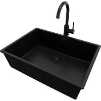 PrimaGran Unterbauspüle Granit Alles Schwarz 66x47cm, Spülbecken 1 Becken + Küchenarmatur 32x20cm + Ablauf-Set, Granitspüle ab 70er Unterschrank - London