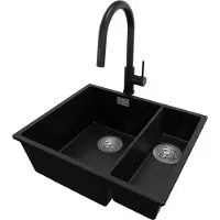 PrimaGran Unterbauspüle Granit Schwarz 56x47cm, Spülbecken 1,5 Becken + Küchenarmatur 40x20cm + Ablauf-Set, Granitspüle ab 60er Unterschrank - London Duo