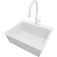 PrimaGran Granitspüle Alles Weiß 58x50cm, Spülbecken 1 Becken + Küchenarmatur 40x20cm + Ablauf-Set, Küchenspüle ab 60er Unterschrank - Riga
