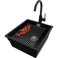 PrimaGran Unterbauspüle Granit Schwarz 41x47cm, Spülbecken 1 Becken + Ablauf-Set + Küchenzubehörset, Granitspüle ab 45er Unterschrank - Praga