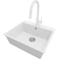 PrimaGran Granitspüle Weiß 58x50cm, Spülbecken 1 Becken + Küchenarmatur 40x20cm + Ablauf-Set, Küchenspüle ab 60er Unterschrank - Riga