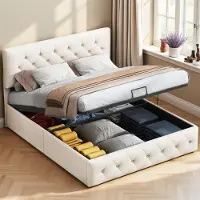 ProximaX Doppelbett 140 x 200 cm in aprikosenbeigem Samt mit Gasdruckfeder-Staufach, gepolstertem Kopf- und Fußteil, komfortables und elegantes Design
