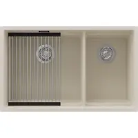 PrimaGran Spülbecken Beige 76x47cm, Granitspüle 2 Becken + Ablauf-Set + Aufrollbare Abtropffläche, Küchenspüle ab 80er Unterschrank - Praga Slim Duo