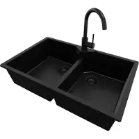 PrimaGran Granitspüle Alles Schwarz 78x50cm, Spülbecken 2 Becken + Küchenarmatur 32x20cm + Ablauf-Set, Küchenspüle ab 80er Unterschrank - Madrid Twin